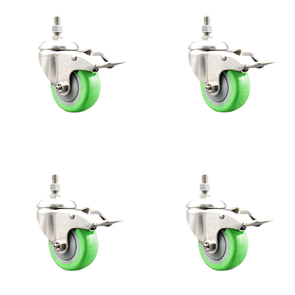 Polyurethane Swivel Stem Caster Set of 4 with 3.5 Inch Green Caster Wheels - 1/2" Threaded Stems - 316 Stainless Steel Casters - Includes 4 Swivel Casters with Total Lock Brakes - Service Caster Brand — photo 1