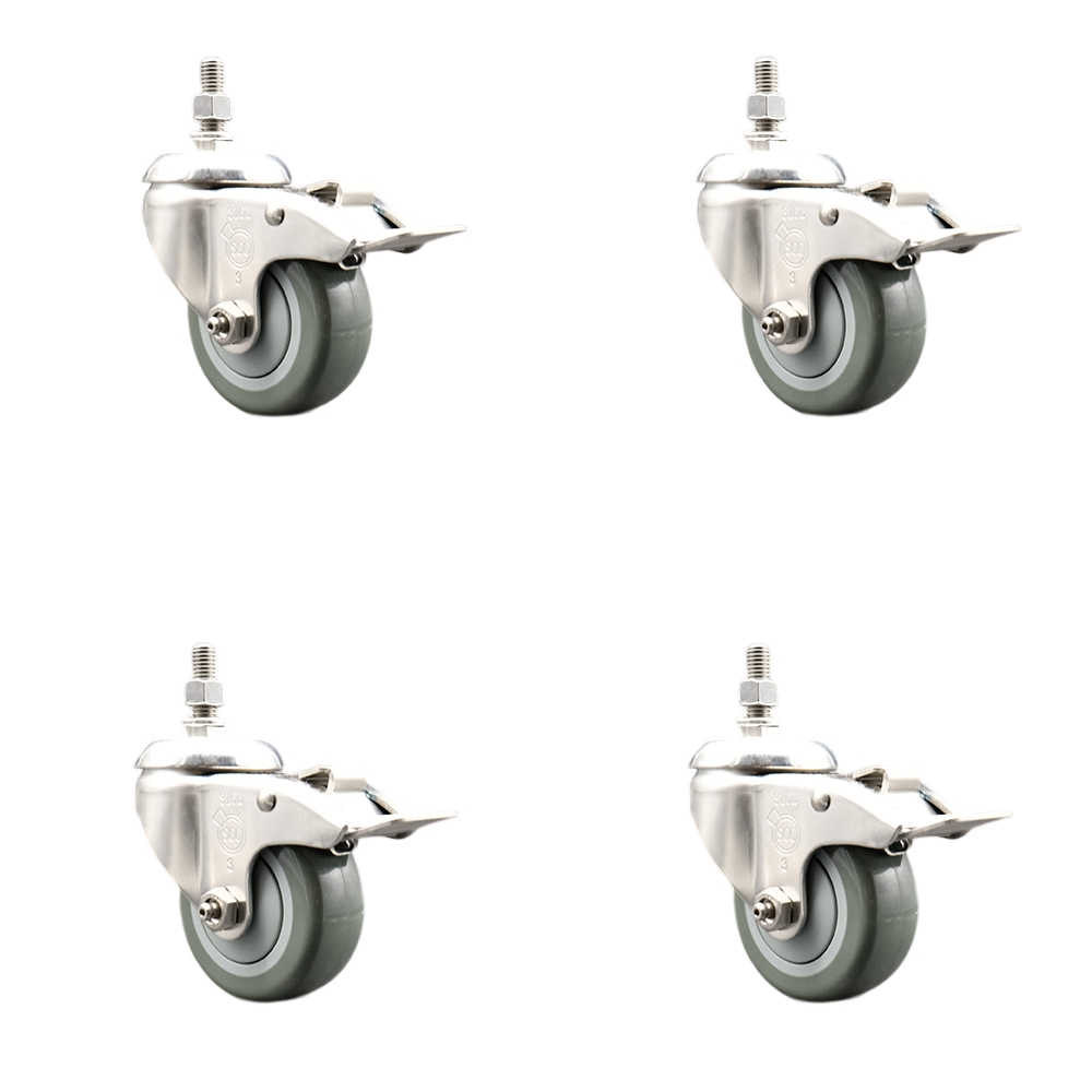 Polyurethane Swivel Stem Caster Set of 4 with 3.5 Inch Gray Caster Wheels - 1/2" Threaded Stems - 316 Stainless Steel Casters - Includes 4 Swivel Casters with Total Lock Brakes - Service Caster Brand — photo 1
