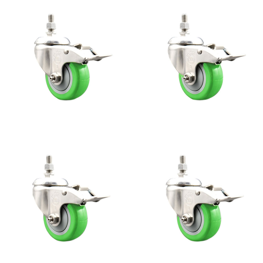 Polyurethane Swivel Stem Caster Set of 4 with 3 Inch Green Caster Wheels - 1/2" Threaded Stems - 316 Stainless Steel Casters - Includes 4 Swivel Casters with Total Lock Brakes - Service Caster Brand — photo 1