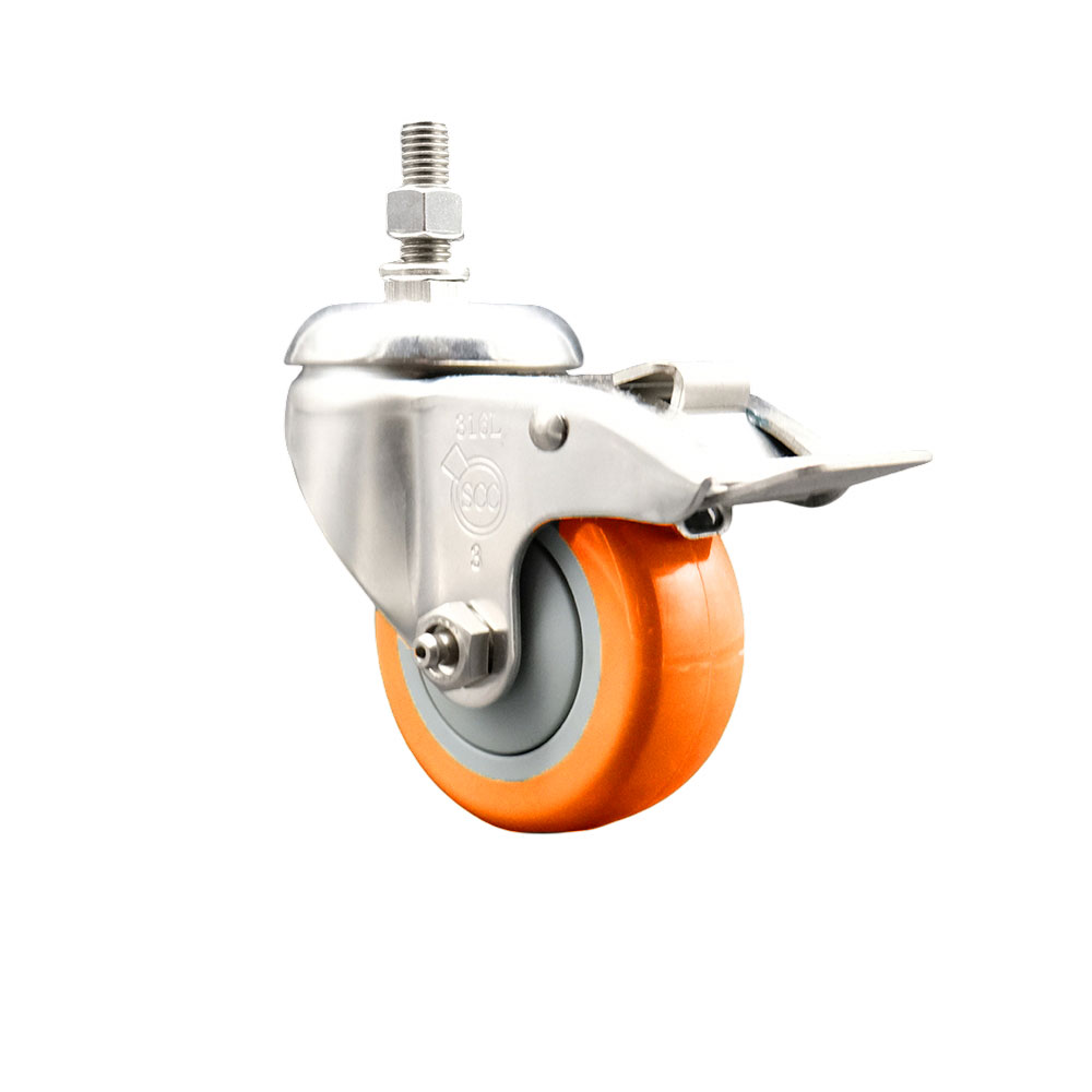 Polyurethane Swivel Stem Caster with 3.5 Inch Orange Caster Wheel and Total Lock Brake - 1/2" Threaded Stem - 316 Stainless Steel Caster - 300 lbs. Capacity Per Caster - Service Caster Brand — photo 1