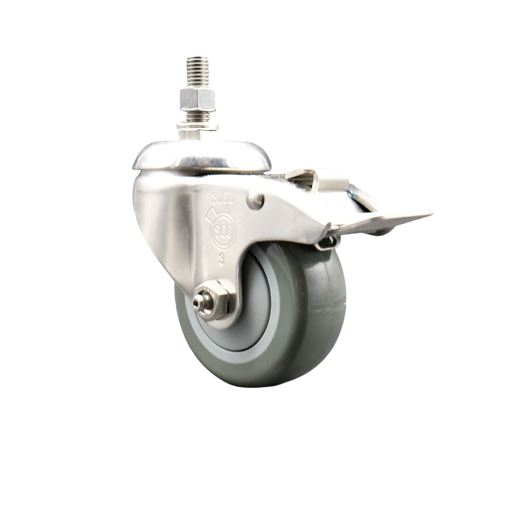 Polyurethane Swivel Stem Caster with 3 Inch Gray Caster Wheel and Total Lock Brake - 1/2" Threaded Stem - 316 Stainless Steel Caster - 300 lbs. Capacity Per Caster - Service Caster Brand — photo 1