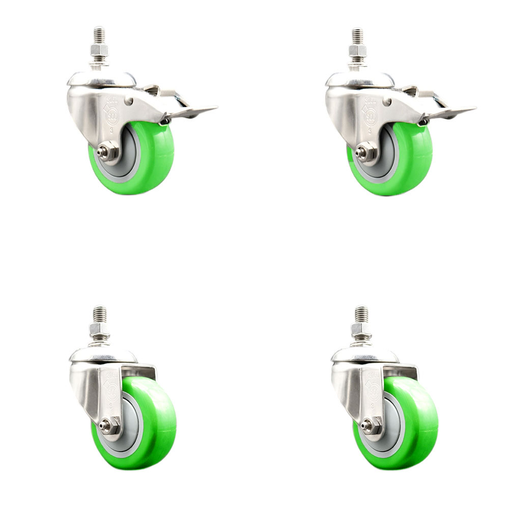 Poly Swivel Stem Caster Set of 4 with 3.5 Inch Green Caster Wheels - 3/8" Threaded Stems -316 Stainless Steel Casters-Includes 2 Swivel Casters with Total Lock Brakes and 2 Swivel-Service Caster Brand — photo 1