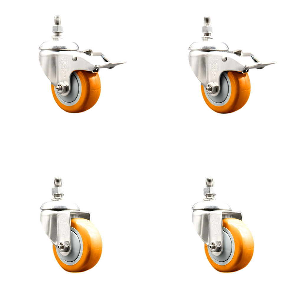 Poly Swivel Stem Caster Set of 4 with 3.5 Inch Orange Caster Wheels - 3/8" Threaded Stems-316 Stainless Steel Casters-Includes 2 Swivel Casters with Total Lock Brakes and 2 Swivel-Service Caster Brand — photo 1