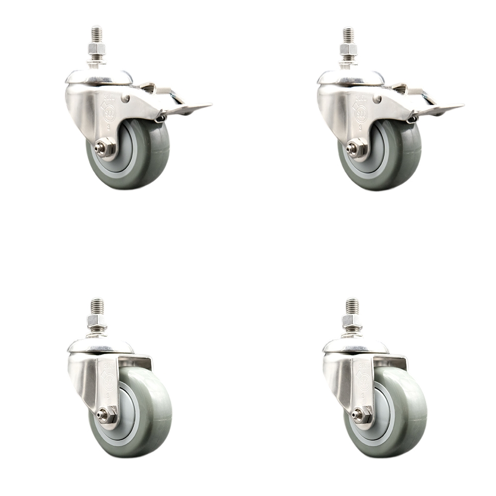 Poly Swivel Stem Caster Set of 4 with 3.5 Inch Gray Caster Wheels - 3/8" Threaded Stems -316 Stainless Steel Casters-Includes 2 Swivel Casters with Total Lock Brakes and 2 Swivel-Service Caster Brand — photo 1
