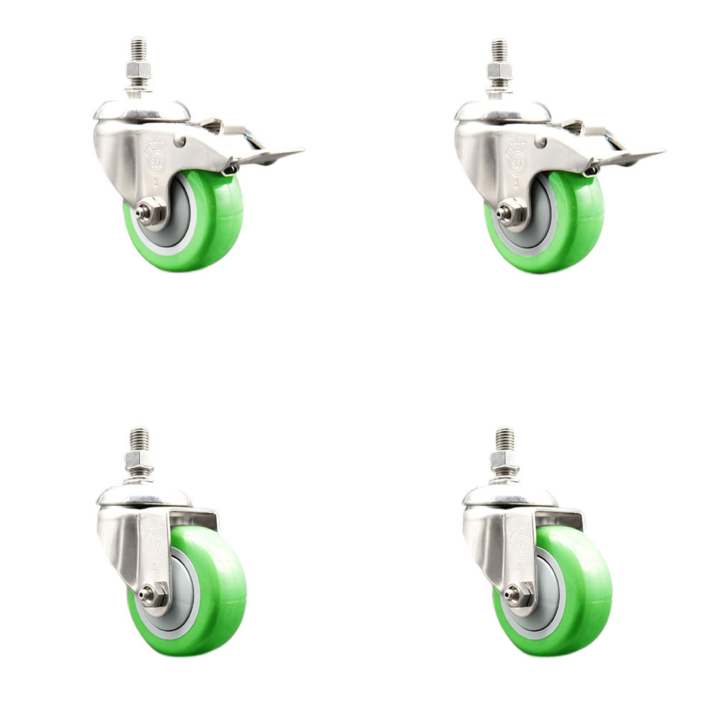 Poly Swivel Stem Caster Set of 4 with 3 Inch Green Caster Wheels - 3/8" Threaded Stems - 316 Stainless Steel Casters -Includes 2 Swivel Casters with Total Lock Brakes and 2 Swivel-Service Caster Brand — photo 1
