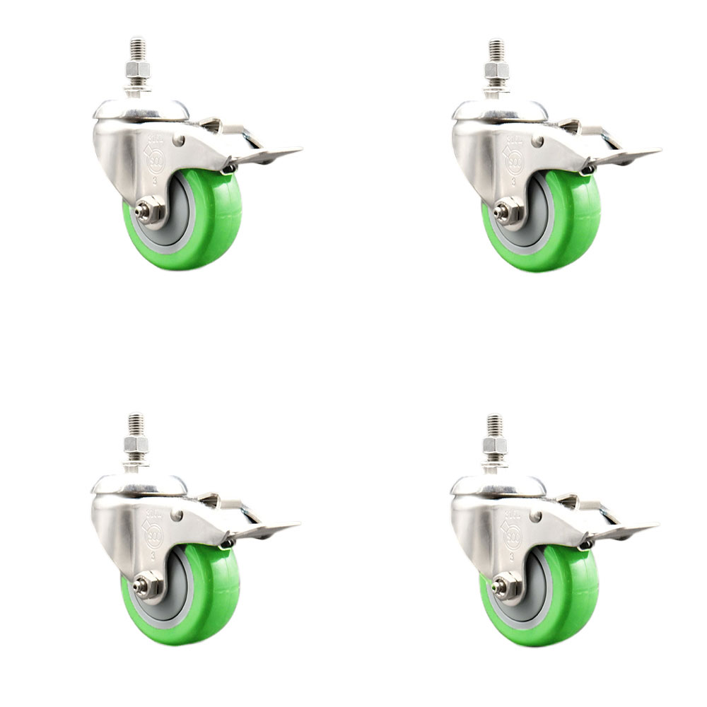 Polyurethane Swivel Stem Caster Set of 4 with 3.5 Inch Green Caster Wheels - 3/8" Threaded Stems - 316 Stainless Steel Casters - Includes 4 Swivel Casters with Total Lock Brakes - Service Caster Brand — photo 1
