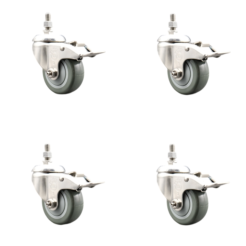 Polyurethane Swivel Stem Caster Set of 4 with 3 Inch Gray Caster Wheels - 3/8" Threaded Stems - 316 Stainless Steel Casters - Includes 4 Swivel Casters with Total Lock Brakes - Service Caster Brand — photo 1