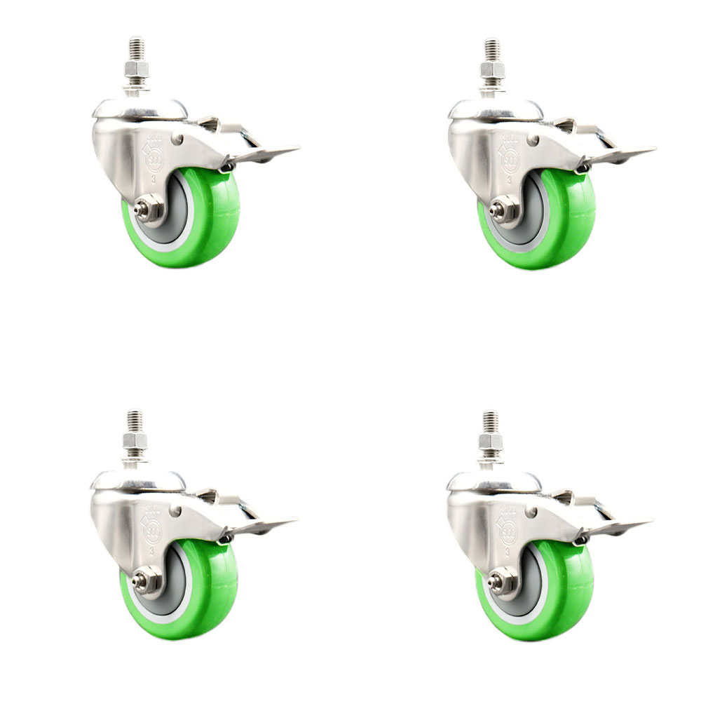 Polyurethane Swivel Stem Caster Set of 4 with 3 Inch Green Caster Wheels - 3/8" Threaded Stems - 316 Stainless Steel Casters - Includes 4 Swivel Casters with Total Lock Brakes - Service Caster Brand — photo 1