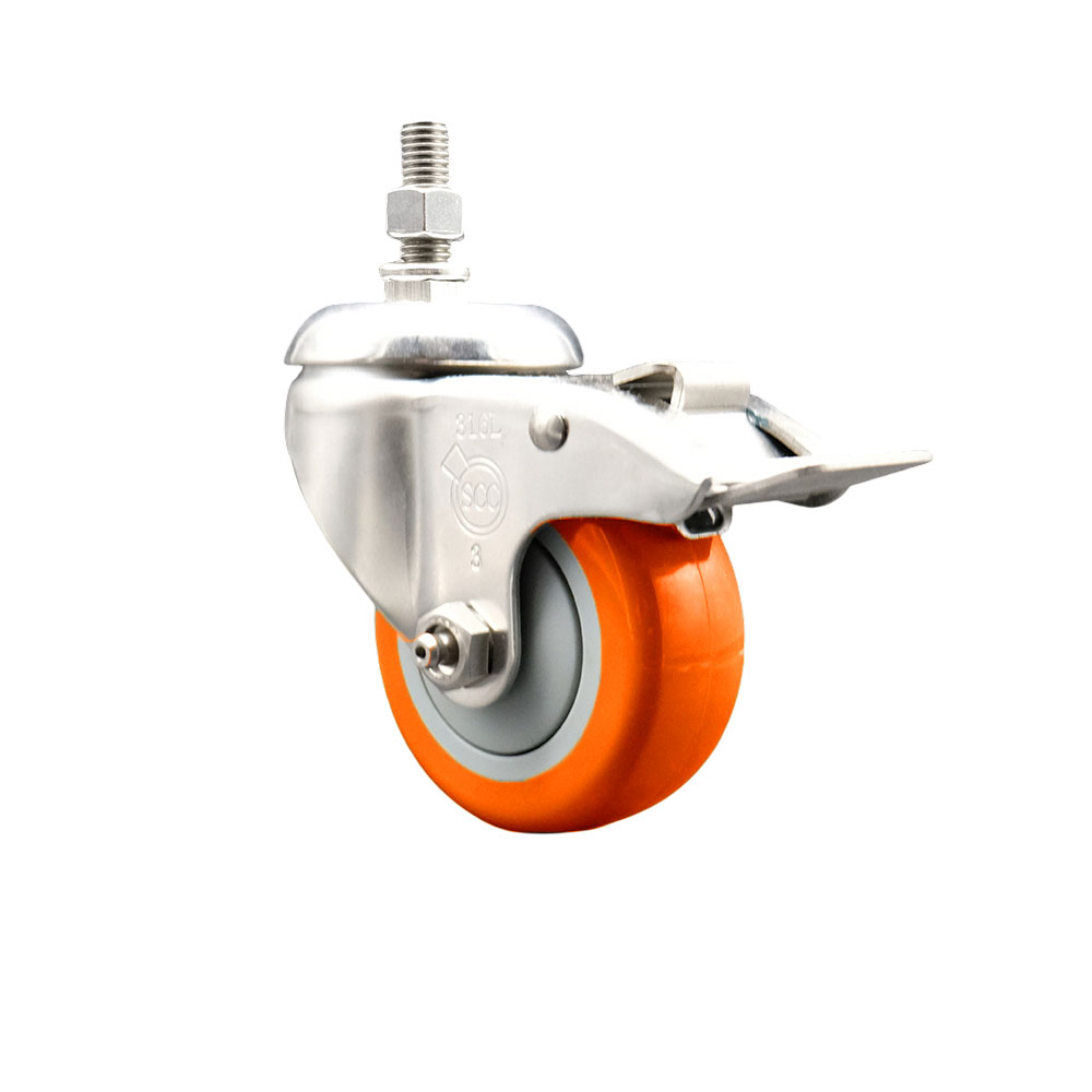 Polyurethane Swivel Stem Caster with 3.5 Inch Orange Caster Wheel and Total Lock Brake - 3/8" Threaded Stem - 316 Stainless Steel Caster - 300 lbs. Capacity Per Caster - Service Caster Brand — photo 1