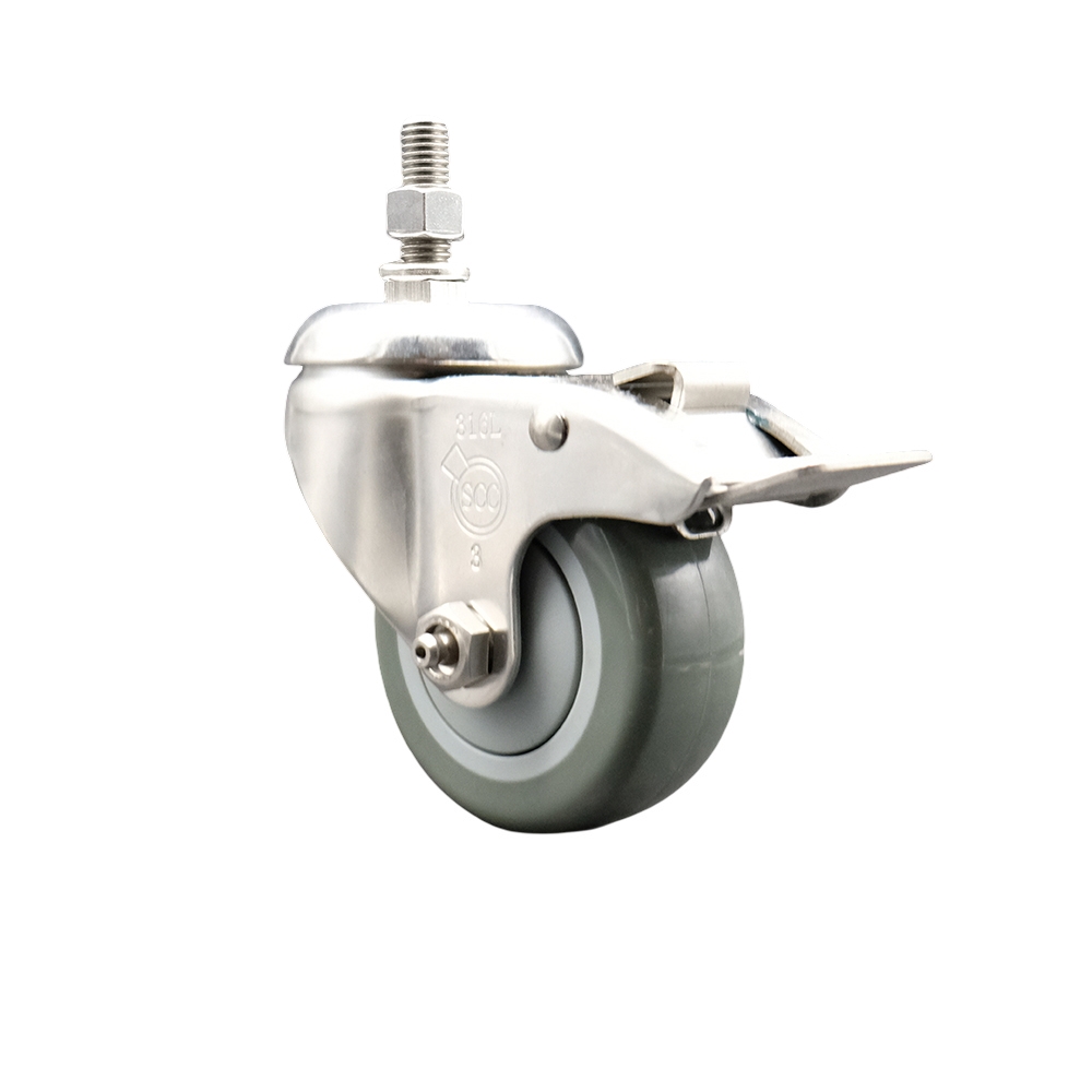 Polyurethane Swivel Stem Caster with 3.5 Inch Gray Caster Wheel and Total Lock Brake - 3/8" Threaded Stem - 316 Stainless Steel Caster - 300 lbs. Capacity Per Caster - Service Caster Brand — photo 1
