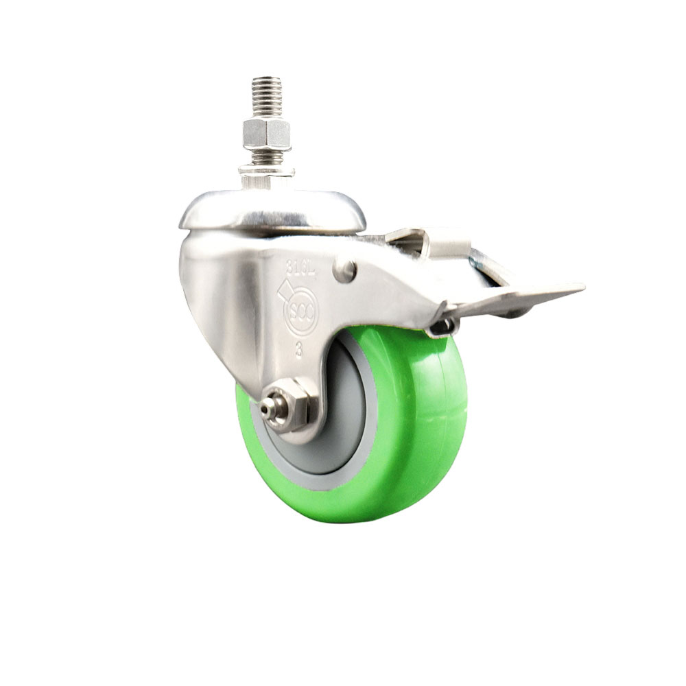 Polyurethane Swivel Stem Caster with 3.5 Inch Green Caster Wheel and Total Lock Brake - 3/8" Threaded Stem - 316 Stainless Steel Caster - 300 lbs. Capacity Per Caster - Service Caster Brand — photo 1