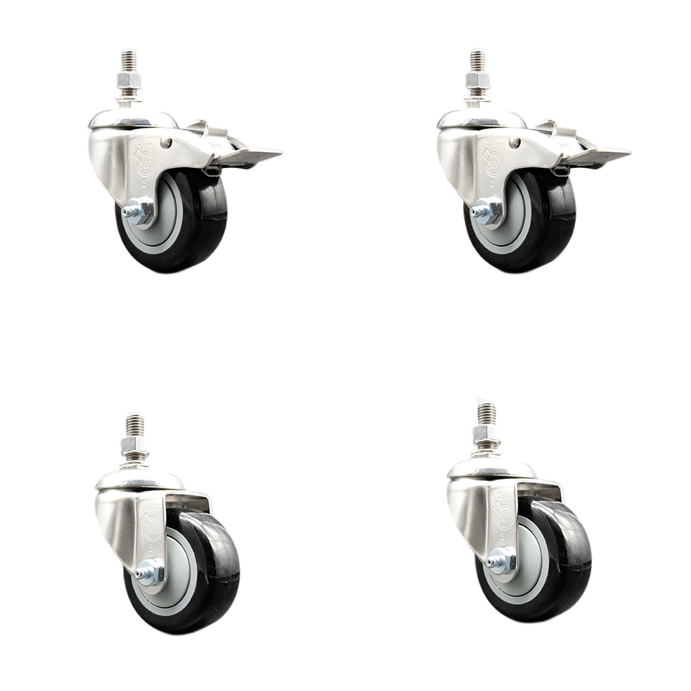 Poly Swivel Stem Caster Set of 4 with 3.5 Inch Black Caster Wheels - 1/2" Threaded Stems -316 Stainless Steel Casters-Includes 2 Swivel Casters with Total Lock Brakes and 2 Swivel-Service Caster Brand — photo 1