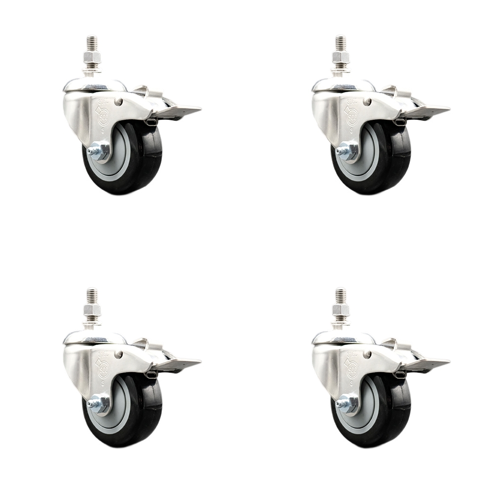 Polyurethane Swivel Stem Caster Set of 4 with 3.5 Inch Black Caster Wheels - 1/2" Threaded Stems - 316 Stainless Steel Casters - Includes 4 Swivel Casters with Total Lock Brakes - Service Caster Brand — photo 1