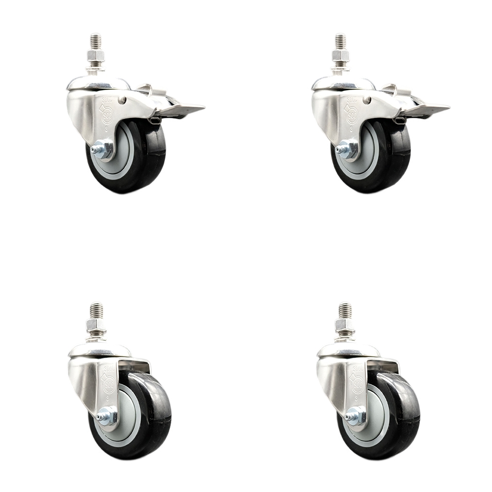 Poly Swivel Stem Caster Set of 4 with 3.5 Inch Black Caster Wheels - 3/8" Threaded Stems -316 Stainless Steel Casters-Includes 2 Swivel Casters with Total Lock Brakes and 2 Swivel-Service Caster Brand — photo 1