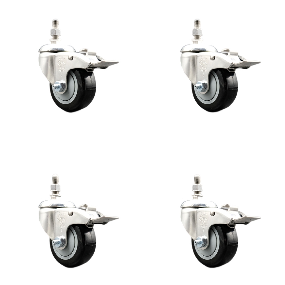Polyurethane Swivel Stem Caster Set of 4 with 3 Inch Black Caster Wheels - 3/8" Threaded Stems - 316 Stainless Steel Casters - Includes 4 Swivel Casters with Total Lock Brakes - Service Caster Brand — photo 1