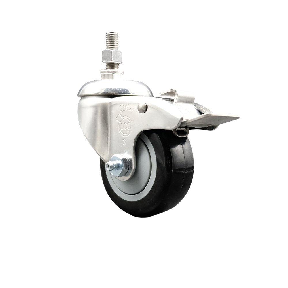 Polyurethane Swivel Stem Caster with 3.5 Inch Black Caster Wheel and Total Lock Brake - 3/8" Threaded Stem - 316 Stainless Steel Caster - 300 lbs. Capacity Per Caster - Service Caster Brand — photo 1