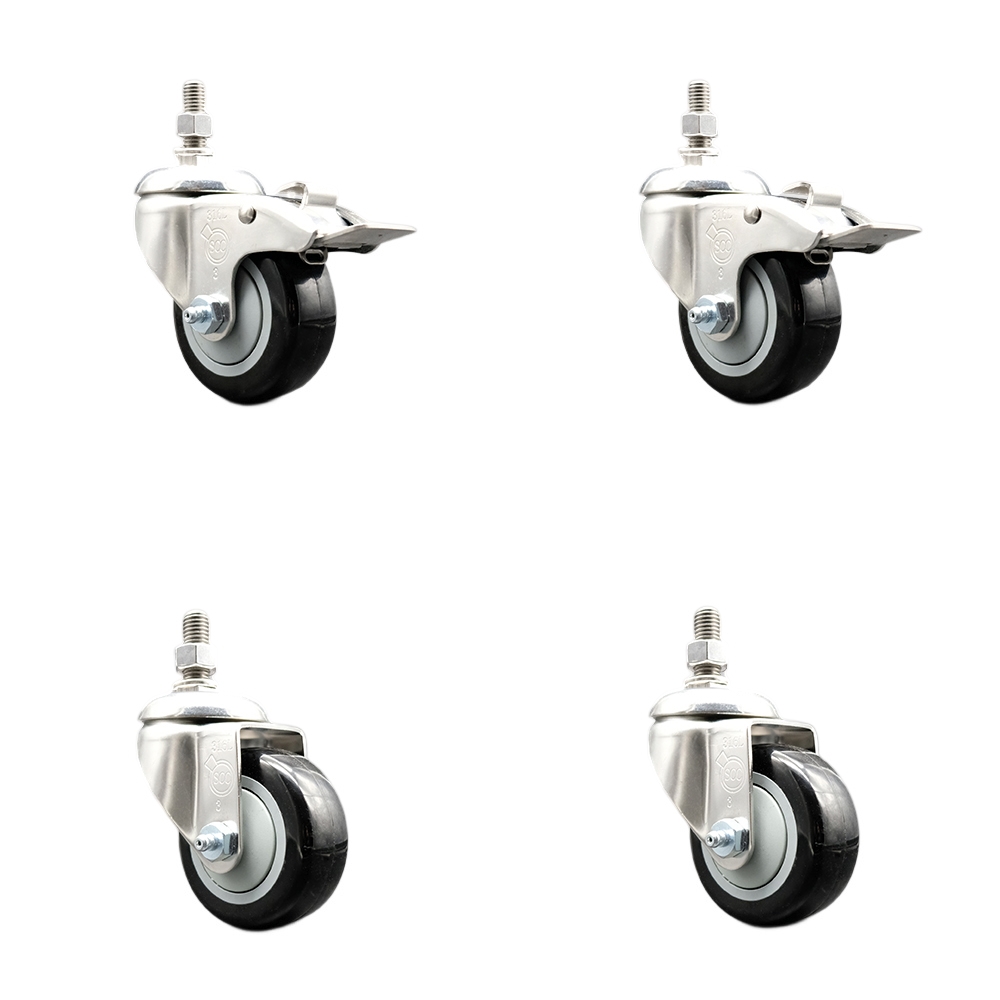 Poly Swivel Stem Caster Set of 4 with 3 Inch Black Caster Wheels-10mm Metric Threaded Stems-316 Stainless Steel Casters-Include 2 Swivel Casters with Total Lock Brake and 2 Swivel-Service Caster Brand — photo 1
