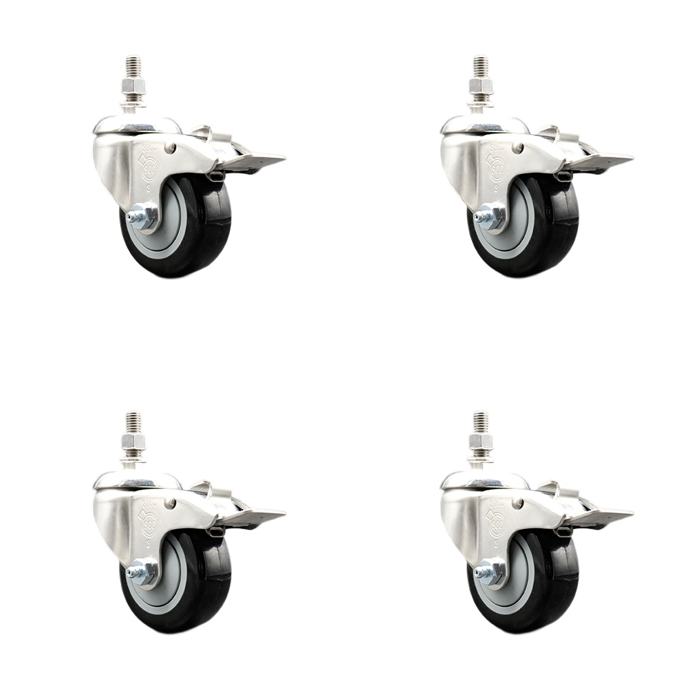 Polyurethane Swivel Stem Caster Set of 4 with 3 Inch Black Caster Wheels - 10mm Metric Threaded Stems -316 Stainless Steel Casters-Includes 4 Swivel Casters with Total Lock Brakes-Service Caster Brand — photo 1