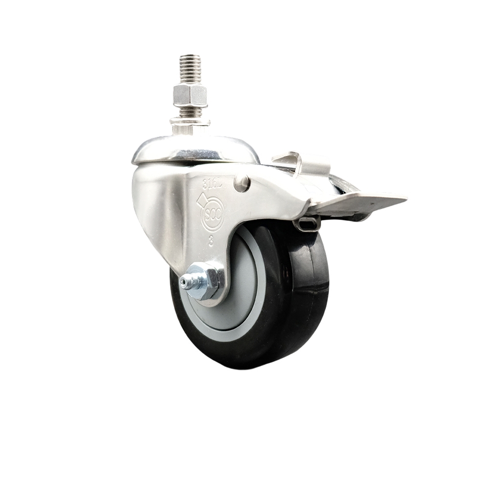 Polyurethane Swivel Stem Caster with 3 Inch Black Caster Wheel and Total Lock Brake - 10mm Metric Threaded Stem - 316 Stainless Steel Caster - 300 lbs. Capacity Per Caster - Service Caster Brand — photo 1