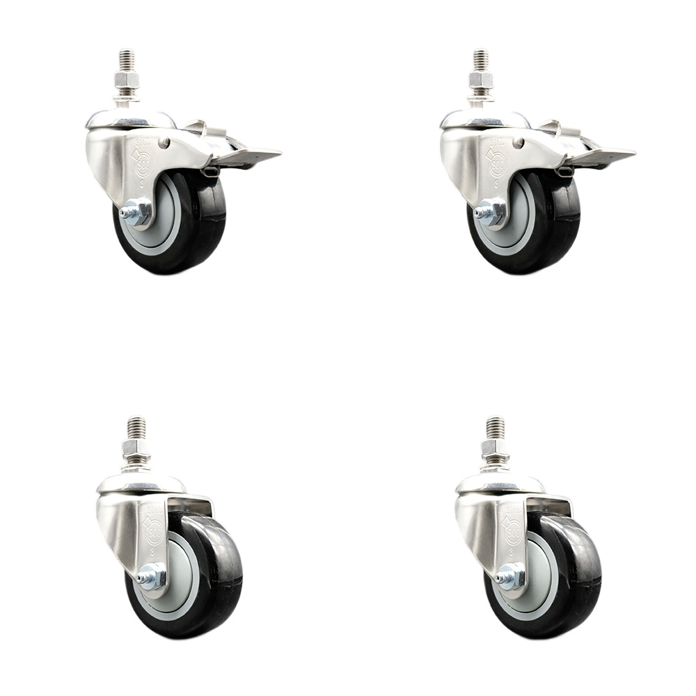 Poly Swivel Stem Caster Set of 4 with 3 Inch Black Caster Wheels-12mm Metric Threaded Stems-316 Stainless Steel Casters-Include 2 Swivel Casters with Total Lock Brake and 2 Swivel-Service Caster Brand — photo 1