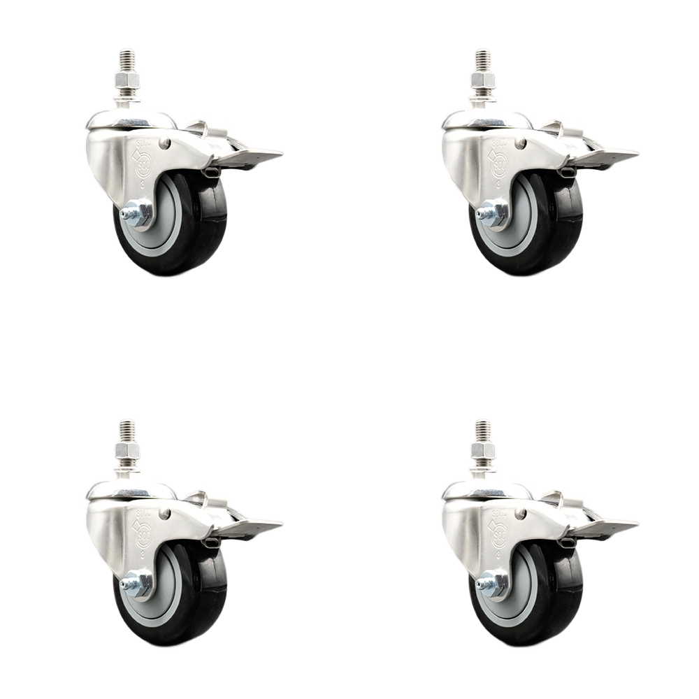 Polyurethane Swivel Stem Caster Set of 4 with 3 Inch Black Caster Wheels - 12mm Metric Threaded Stems -316 Stainless Steel Casters-Includes 4 Swivel Casters with Total Lock Brakes-Service Caster Brand — photo 1