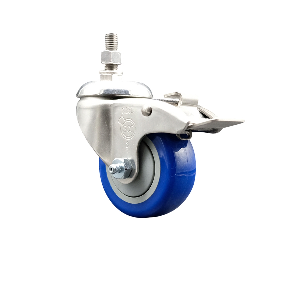 Polyurethane Swivel Stem Caster with 3 Inch Blue Caster Wheel and Total Lock Brake - 1/2" Threaded Stem - 316 Stainless Steel Caster - 300 lbs. Capacity Per Caster - Service Caster Brand — photo 1