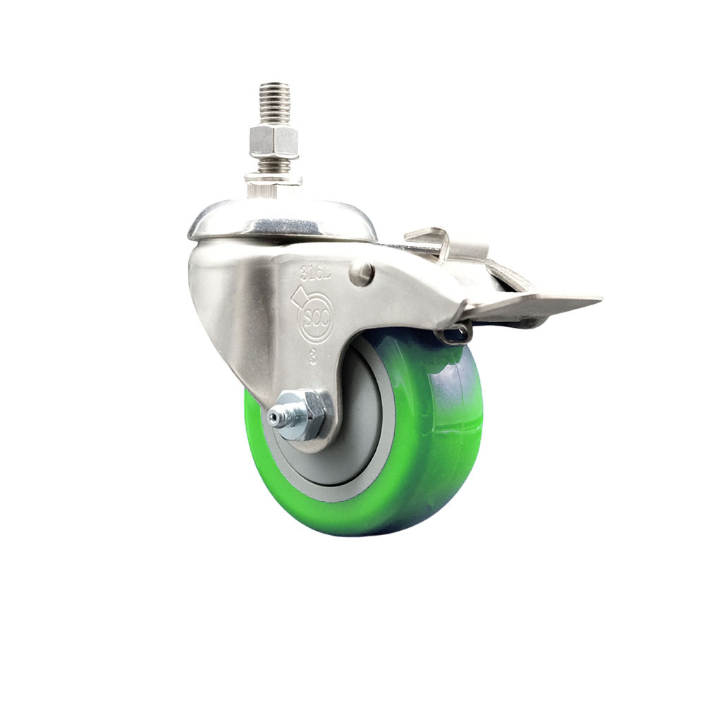 Polyurethane Swivel Stem Caster with 3 Inch Green Caster Wheel and Total Lock Brake - 1/2" Threaded Stem - 316 Stainless Steel Caster - 300 lbs. Capacity Per Caster - Service Caster Brand — photo 1