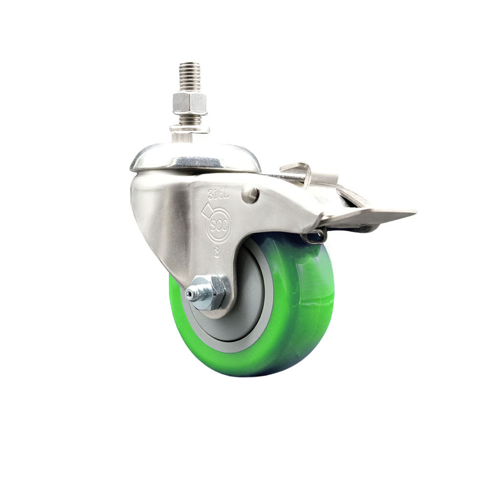Polyurethane Swivel Stem Caster with 3 Inch Green Caster Wheel and Total Lock Brake - 3/8" Threaded Stem - 316 Stainless Steel Caster - 300 lbs. Capacity Per Caster - Service Caster Brand — photo 1