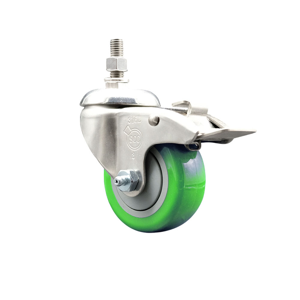 Polyurethane Swivel Stem Caster with 3 Inch Green Caster Wheel and Total Lock Brake - 10mm Metric Threaded Stem - 316 Stainless Steel Caster - 300 lbs. Capacity Per Caster - Service Caster Brand — photo 1