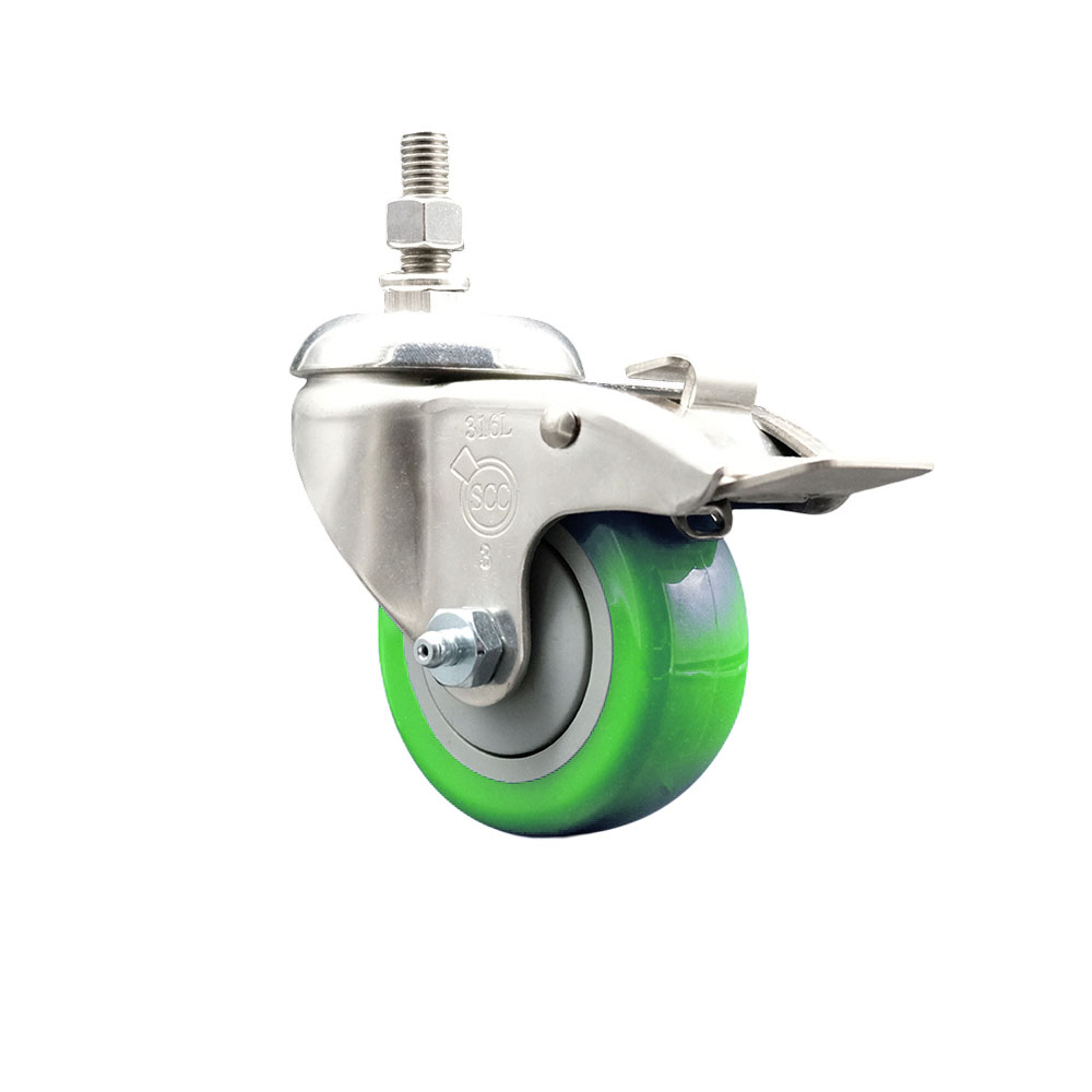 Polyurethane Swivel Stem Caster with 3 Inch Green Caster Wheel and Total Lock Brake - 12mm Metric Threaded Stem - 316 Stainless Steel Caster - 300 lbs. Capacity Per Caster - Service Caster Brand — photo 1