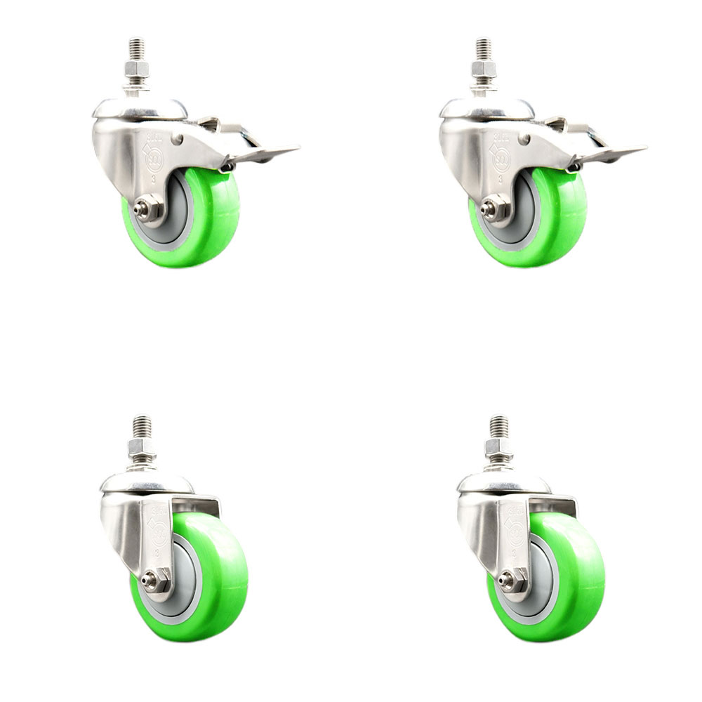 Poly Swivel Stem Caster Set of 4 with 3.5 Inch Green Caster Wheels-10mm Metric Threaded Stem-316 Stainless Steel Caster-Include 2 Swivel Casters with Total Lock Brake and 2 Swivel-Service Caster Brand — photo 1