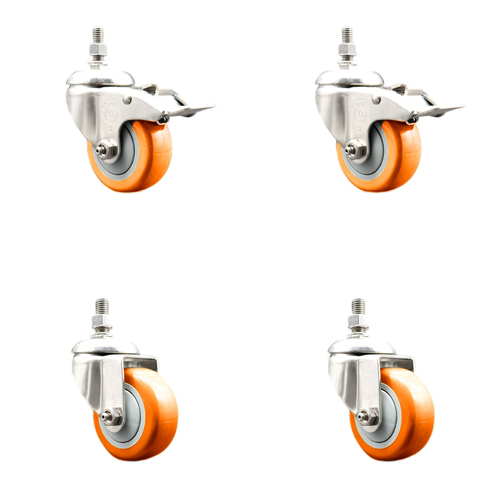Poly Swivel Stem Caster Set of 4 with 3.5 Inch Orange Caster Wheels-10mm Threaded Stems-316 Stainless Steel Casters-Includes 2 Swivel Casters with Total Lock Brakes and 2 Swivel - Service Caster Brand — photo 1