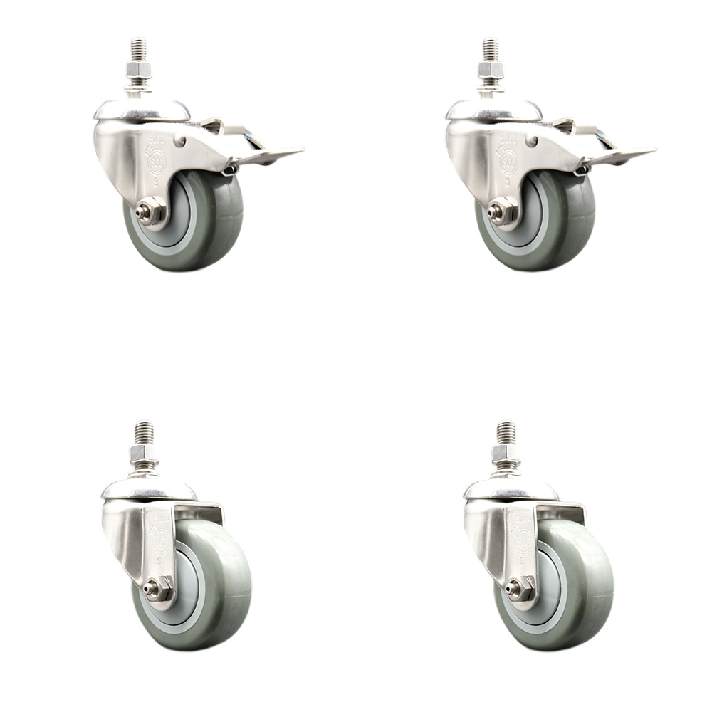 Poly Swivel Stem Caster Set of 4 with 3.5 Inch Gray Caster Wheels-10mm Metric Threaded Stem-316 Stainless Steel Caster-Include 2 Swivel Casters with Total Lock Brake and 2 Swivel-Service Caster Brand — photo 1
