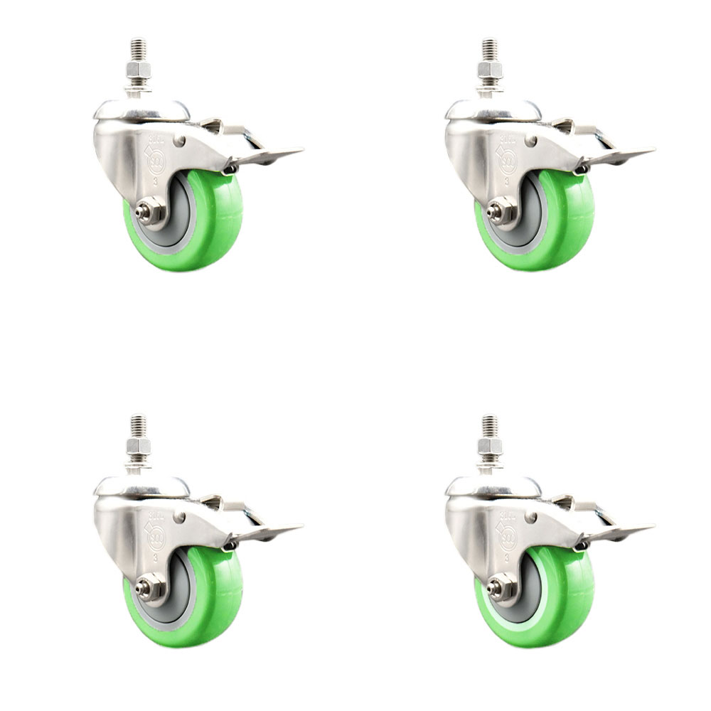 Polyurethane Swivel Stem Caster Set of 4 with 3.5 Inch Green Caster Wheels-10mm Metric Threaded Stems -316 Stainless Steel Casters-Includes 4 Swivel Casters with Total Lock Brakes-Service Caster Brand — photo 1