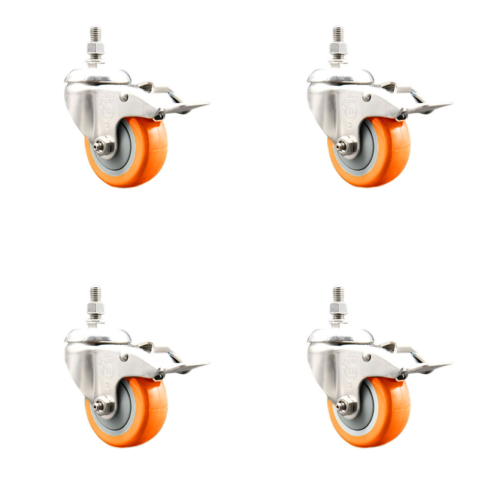Polyurethane Swivel Stem Caster Set of 4 with 3.5 Inch Orange Caster Wheels-10mm Metric Threaded Stems-316 Stainless Steel Casters-Includes 4 Swivel Casters with Total Lock Brakes-Service Caster Brand — photo 1