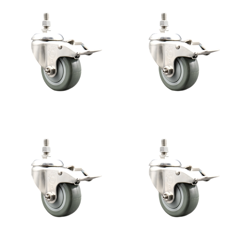 Polyurethane Swivel Stem Caster Set of 4 with 3 Inch Gray Caster Wheels - 10mm Metric Threaded Stems -316 Stainless Steel Casters-Includes 4 Swivel Casters with Total Lock Brakes-Service Caster Brand — photo 1