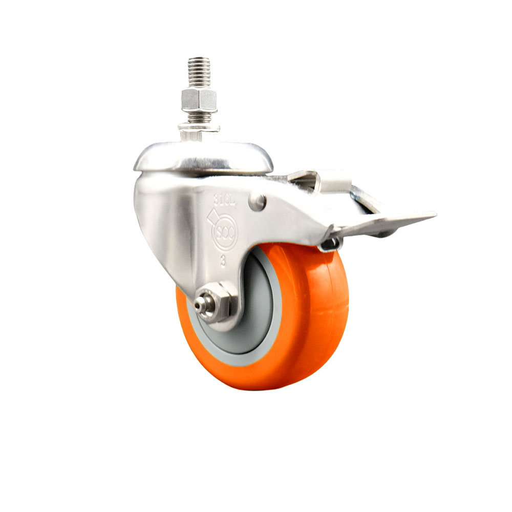 Polyurethane Swivel Stem Caster with 3.5 Inch Orange Caster Wheel and Total Lock Brake - 10mm Metric Threaded Stem - 316 Stainless Steel Caster - 300 lbs. Capacity Per Caster - Service Caster Brand — photo 1
