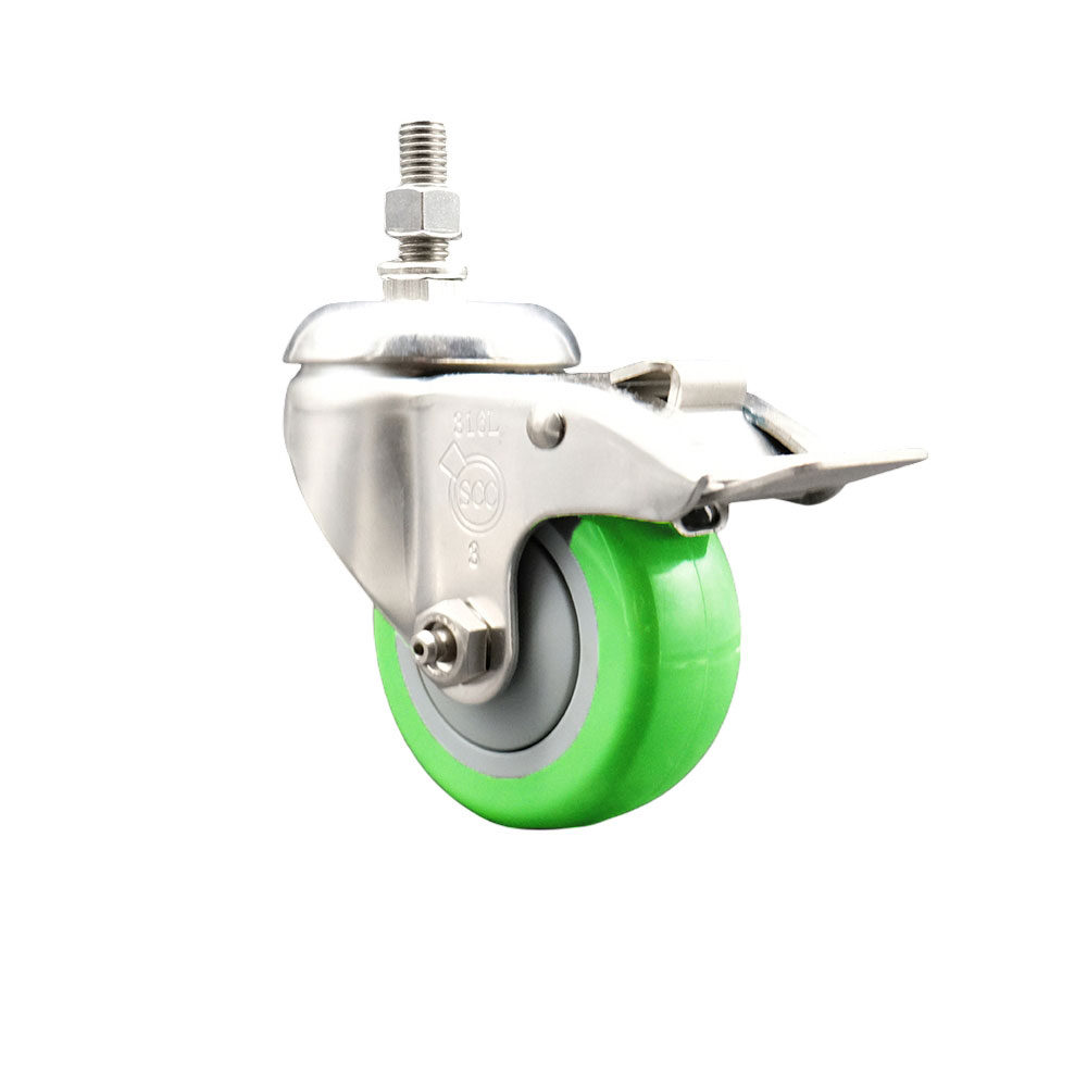 Polyurethane Swivel Stem Caster with 3.5 Inch Green Caster Wheel and Total Lock Brake - 10mm Metric Threaded Stem - 316 Stainless Steel Caster - 300 lbs. Capacity Per Caster - Service Caster Brand — photo 1