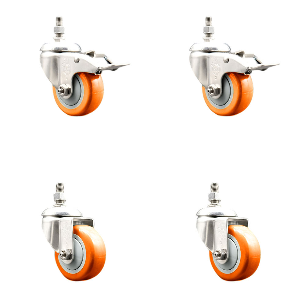 Poly Swivel Stem Caster Set of 4 with 3.5 Inch Orange Caster Wheels-12mm Threaded Stems-316 Stainless Steel Casters-Includes 2 Swivel Casters with Total Lock Brakes and 2 Swivel - Service Caster Brand — photo 1
