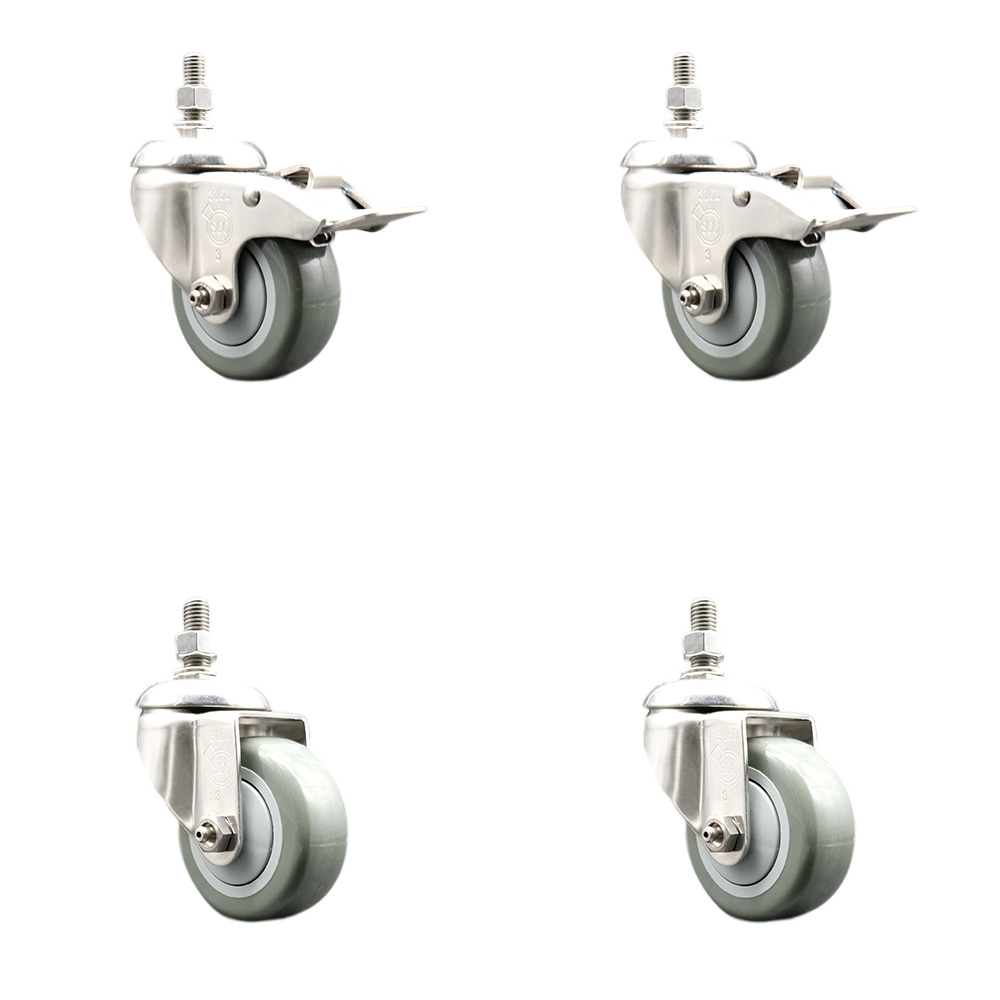 Poly Swivel Stem Caster Set of 4 with 3.5 Inch Gray Caster Wheels-12mm Metric Threaded Stem-316 Stainless Steel Caster-Include 2 Swivel Casters with Total Lock Brake and 2 Swivel-Service Caster Brand — photo 1