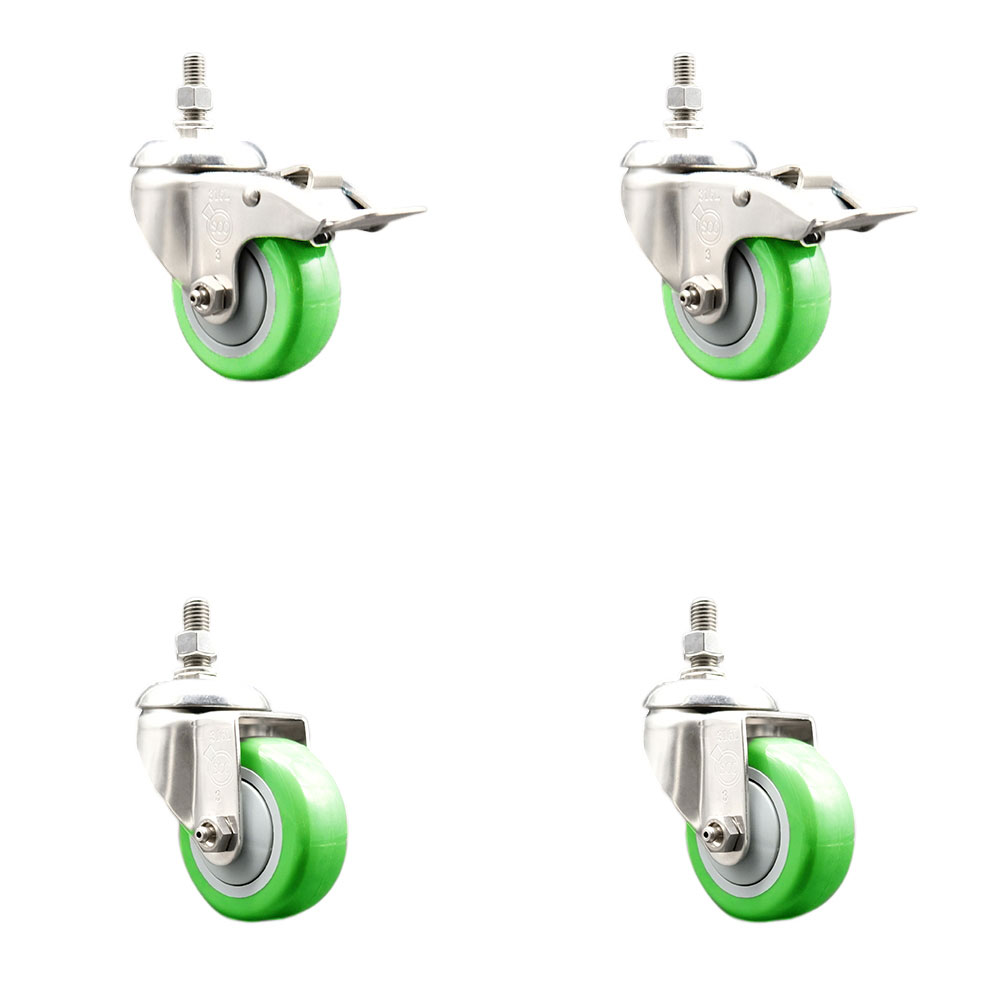 Poly Swivel Stem Caster Set of 4 with 3 Inch Green Caster Wheels-12mm Metric Threaded Stems-316 Stainless Steel Casters-Include 2 Swivel Casters with Total Lock Brake and 2 Swivel-Service Caster Brand — photo 1
