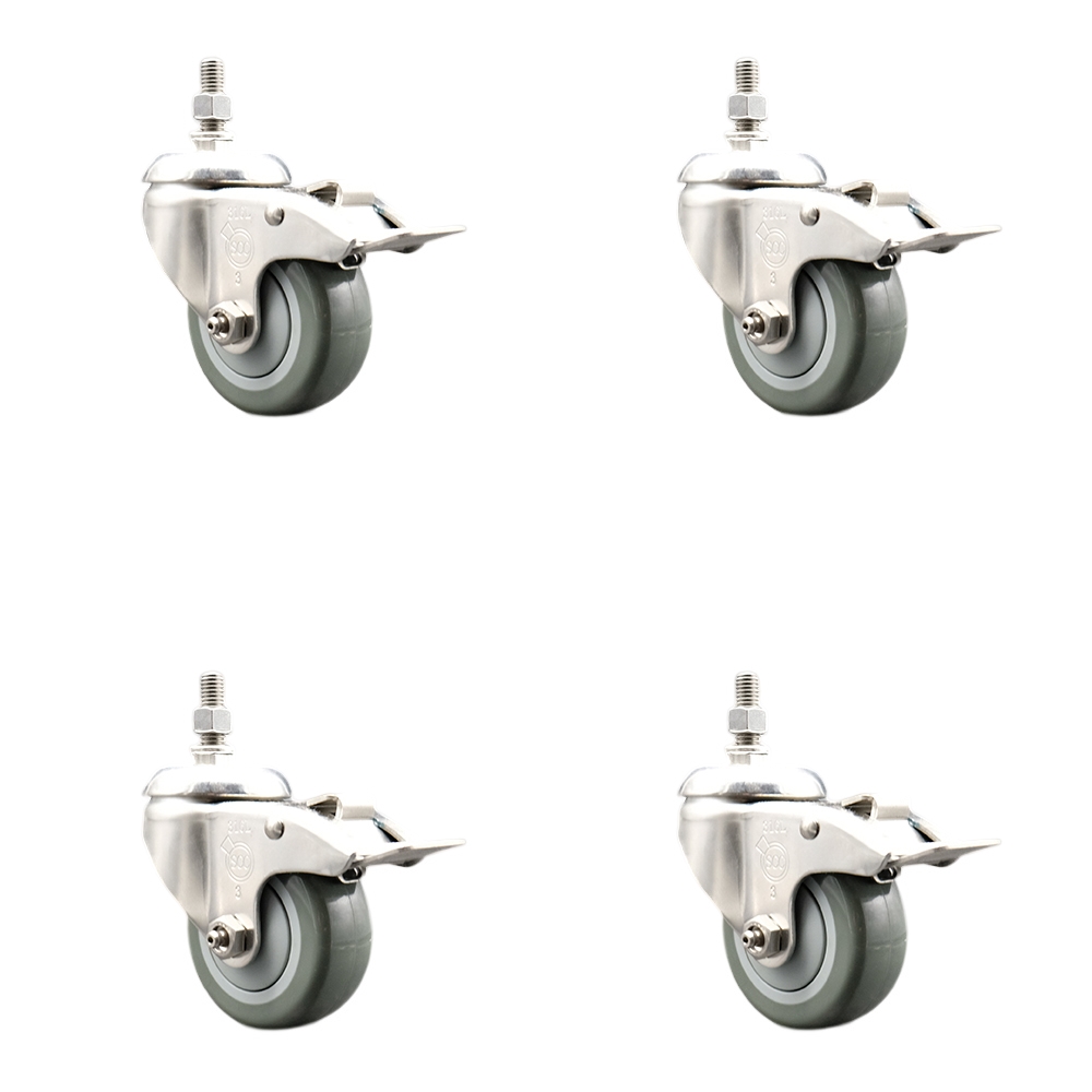 Polyurethane Swivel Stem Caster Set of 4 with 3 Inch Gray Caster Wheels - 12mm Metric Threaded Stems -316 Stainless Steel Casters-Includes 4 Swivel Casters with Total Lock Brakes-Service Caster Brand — photo 1