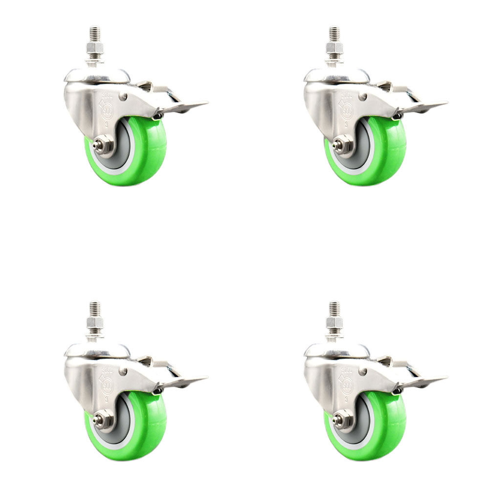 Polyurethane Swivel Stem Caster Set of 4 with 3 Inch Green Caster Wheels - 12mm Metric Threaded Stems -316 Stainless Steel Casters-Includes 4 Swivel Casters with Total Lock Brakes-Service Caster Brand — photo 1