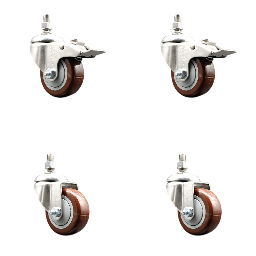 Poly Swivel Stem Caster Set of 4 with 3 Inch Maroon Caster Wheels - 1/2" Threaded Stems - 316 Stainless Steel Casters-Includes 2 Swivel Casters with Total Lock Brakes and 2 Swivel-Service Caster Brand — photo 1