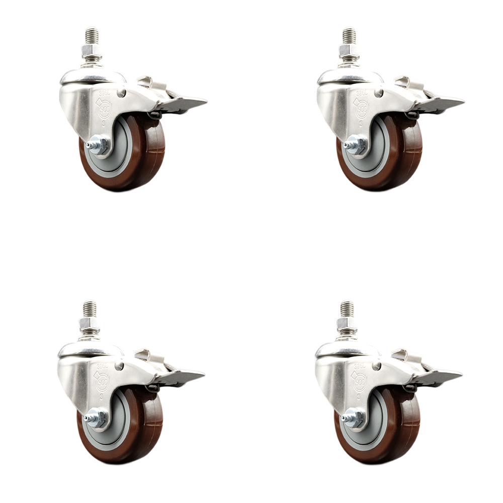 Polyurethane Swivel Stem Caster Set of 4 with 3.5 Inch Maroon Caster Wheels - 1/2" Threaded Stems - 316 Stainless Steel Casters - Includes 4 Swivel Casters with Total Lock Brakes -Service Caster Brand — photo 1
