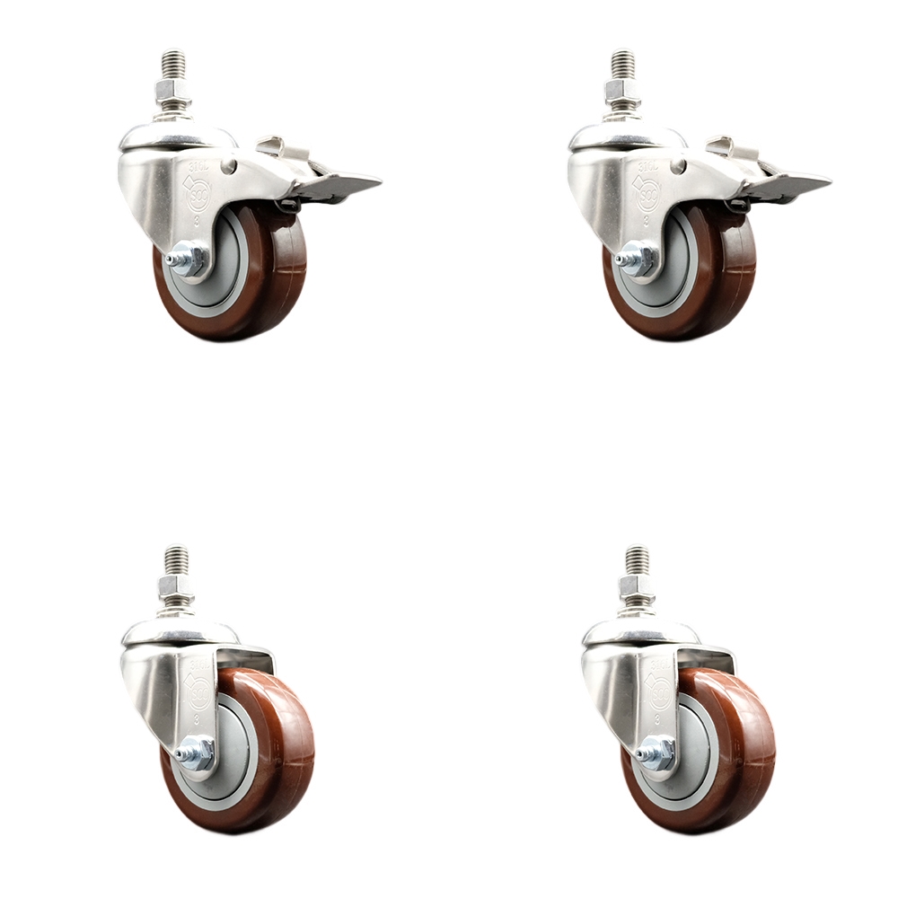Poly Swivel Stem Caster Set of 4 with 3.5 Inch Maroon Caster Wheels - 3/8" Threaded Stems-316 Stainless Steel Casters-Includes 2 Swivel Casters with Total Lock Brakes and 2 Swivel-Service Caster Brand — photo 1