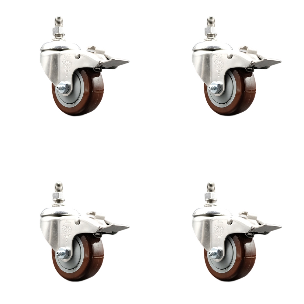 Polyurethane Swivel Stem Caster Set of 4 with 3 Inch Maroon Caster Wheels - 3/8" Threaded Stems - 316 Stainless Steel Casters - Includes 4 Swivel Casters with Total Lock Brakes - Service Caster Brand — photo 1