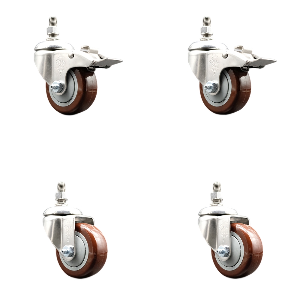 Poly Swivel Stem Caster Set of 4 with 3 Inch Maroon Caster Wheels-10mm Metric Threaded Stems-316 Stainless Steel Caster-Include 2 Swivel Casters with Total Lock Brake and 2 Swivel-Service Caster Brand — photo 1