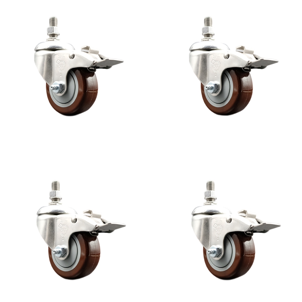 Polyurethane Swivel Stem Caster Set of 4 with 3.5 Inch Maroon Caster Wheels-10mm Metric Threaded Stems-316 Stainless Steel Casters-Includes 4 Swivel Casters with Total Lock Brakes-Service Caster Brand — photo 1