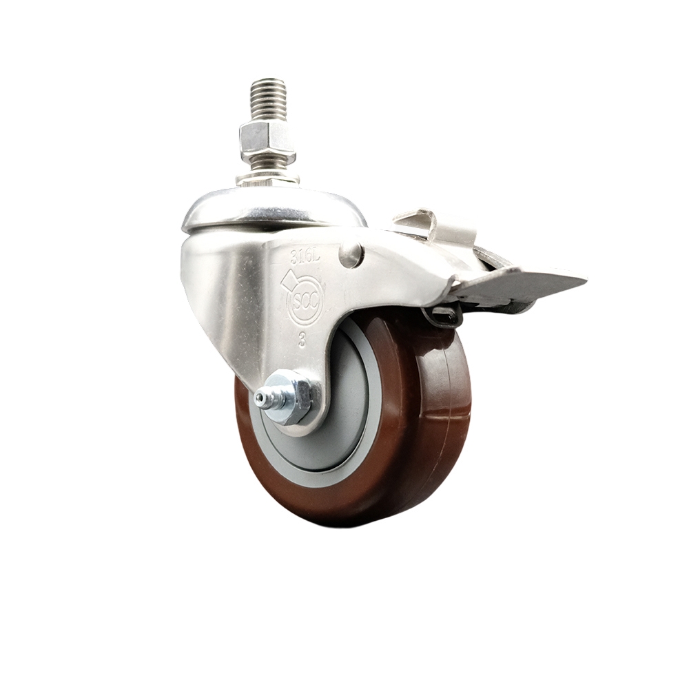Polyurethane Swivel Stem Caster with 3 Inch Maroon Caster Wheel and Total Lock Brake - 10mm Metric Threaded Stem - 316 Stainless Steel Caster - 300 lbs. Capacity Per Caster - Service Caster Brand — photo 1
